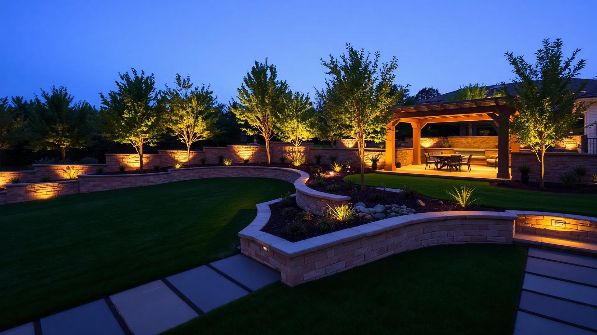 Completed luxury landscape design at twilight with stone terraces uplit trees and pergola dining. Images Created by www.future-home.shop