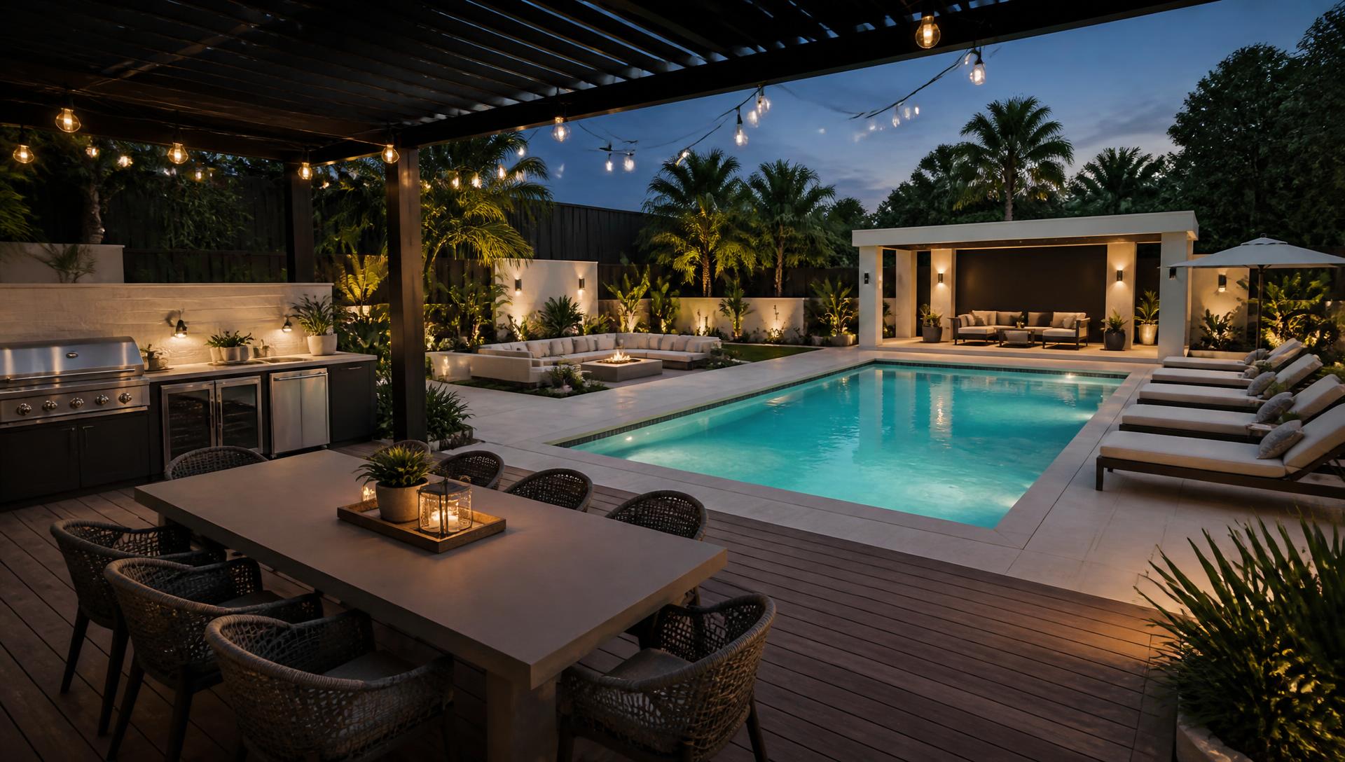 Completed 3D visual backyard with swimming pool decking dining sun lounges and pergola lighting. Images Created by www.future-home.shop