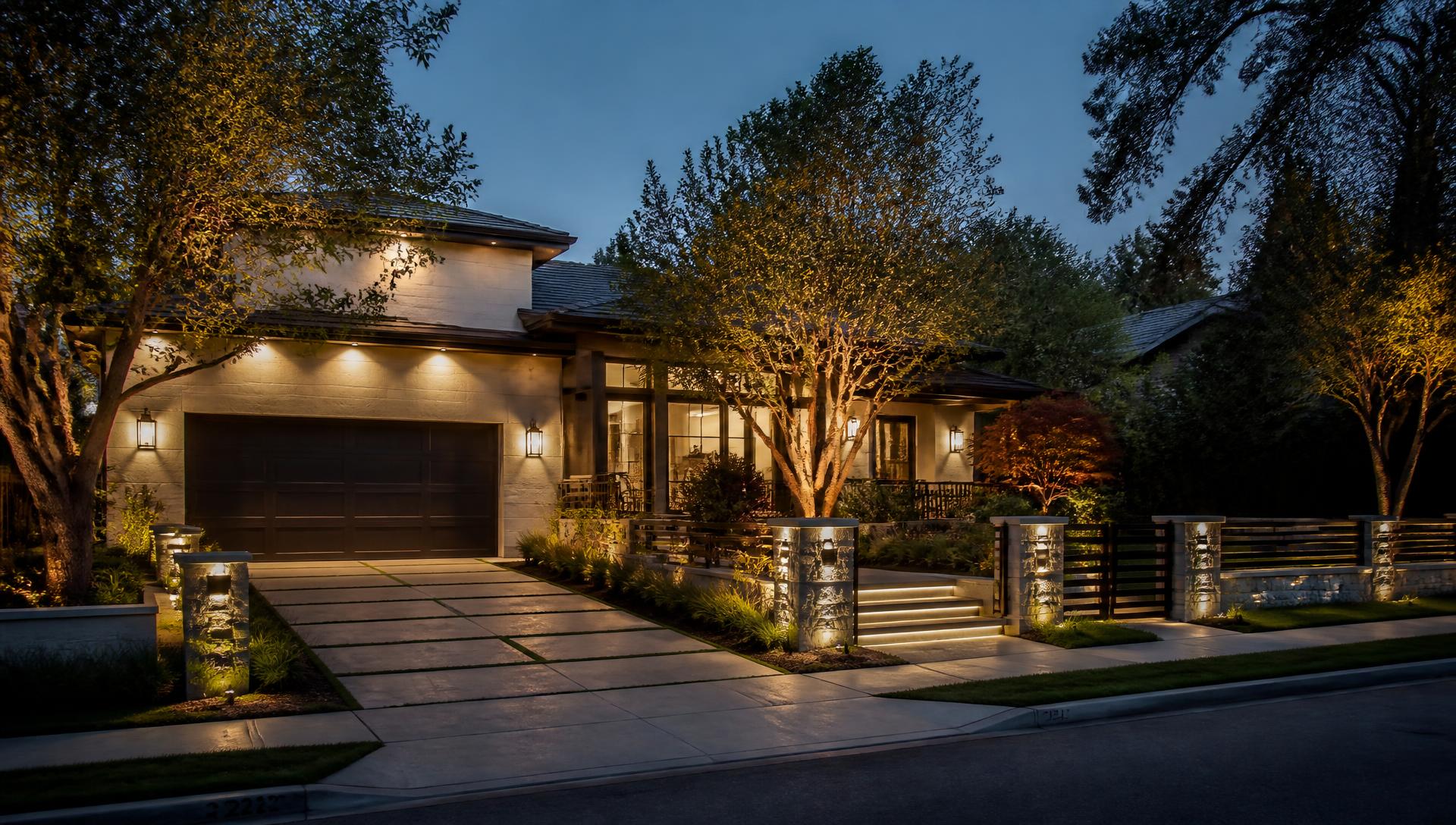 Completed luxury front yard at dusk with illuminated driveway and manicured planting beds. Images Created by www.future-home.shop