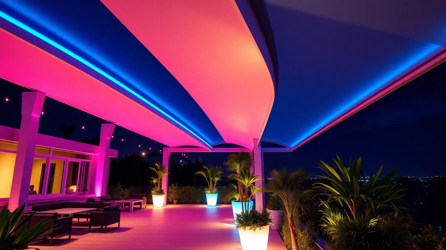 Parametric canopy with glowing ribs modern home and garden landscaping design ideas. Images Created by www.future-home.shop