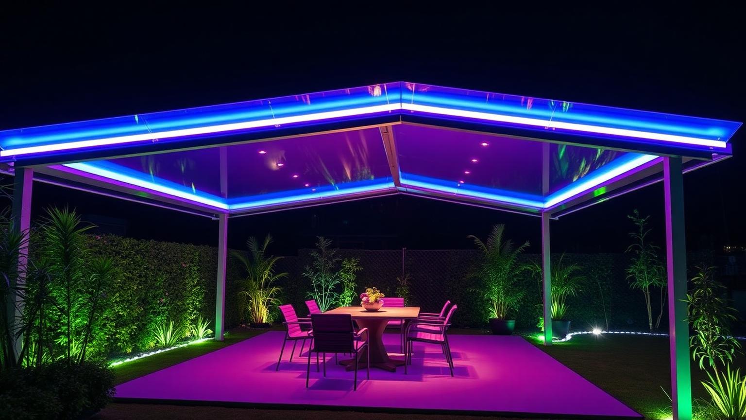 Cove-lit pavilion over a glowing terrace modern home and garden landscaping design. Images Created by www.future-home.shop