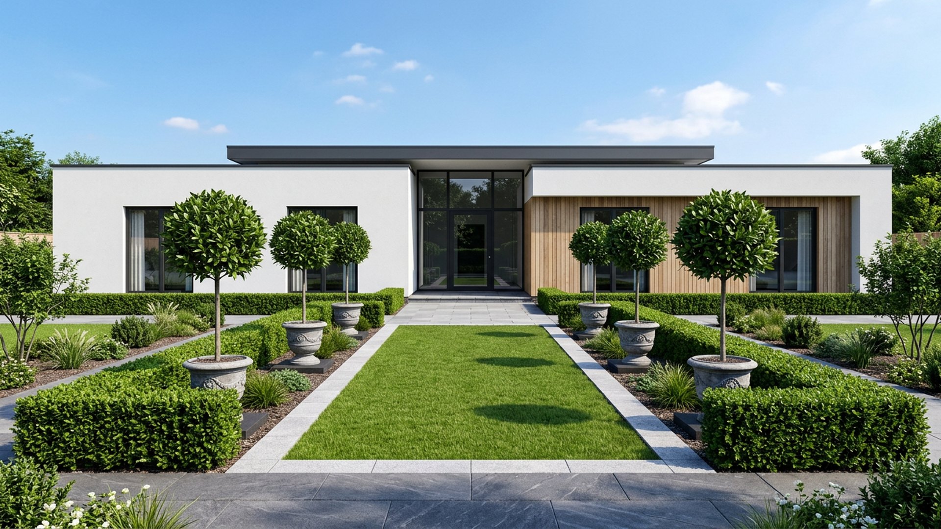 Formal Symmetry Clean and Precise Garden front yard landscaping concept Forward Looking Mirrored Hedges, Standard Bay Trees in pots and. Images Created by www.future-home.shop