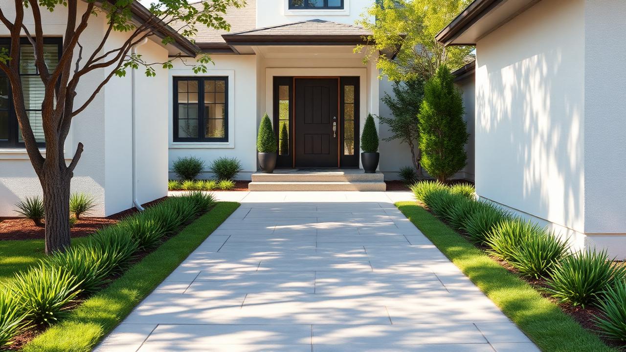 Wide paved front entry path leading to modern front door with planted borders. Images Created by www.future-home.shop