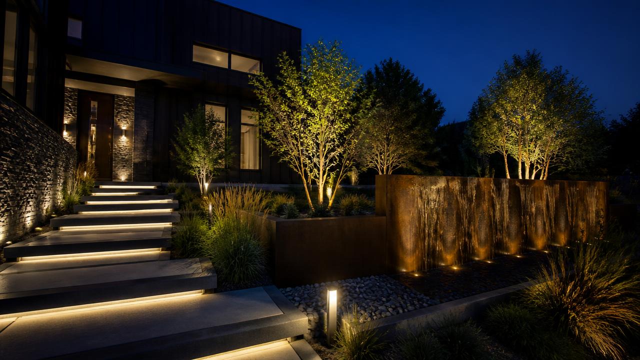 Modern front yard at night with illuminated steps, uplit trees, water wall. Images Created by www.future-home.shop