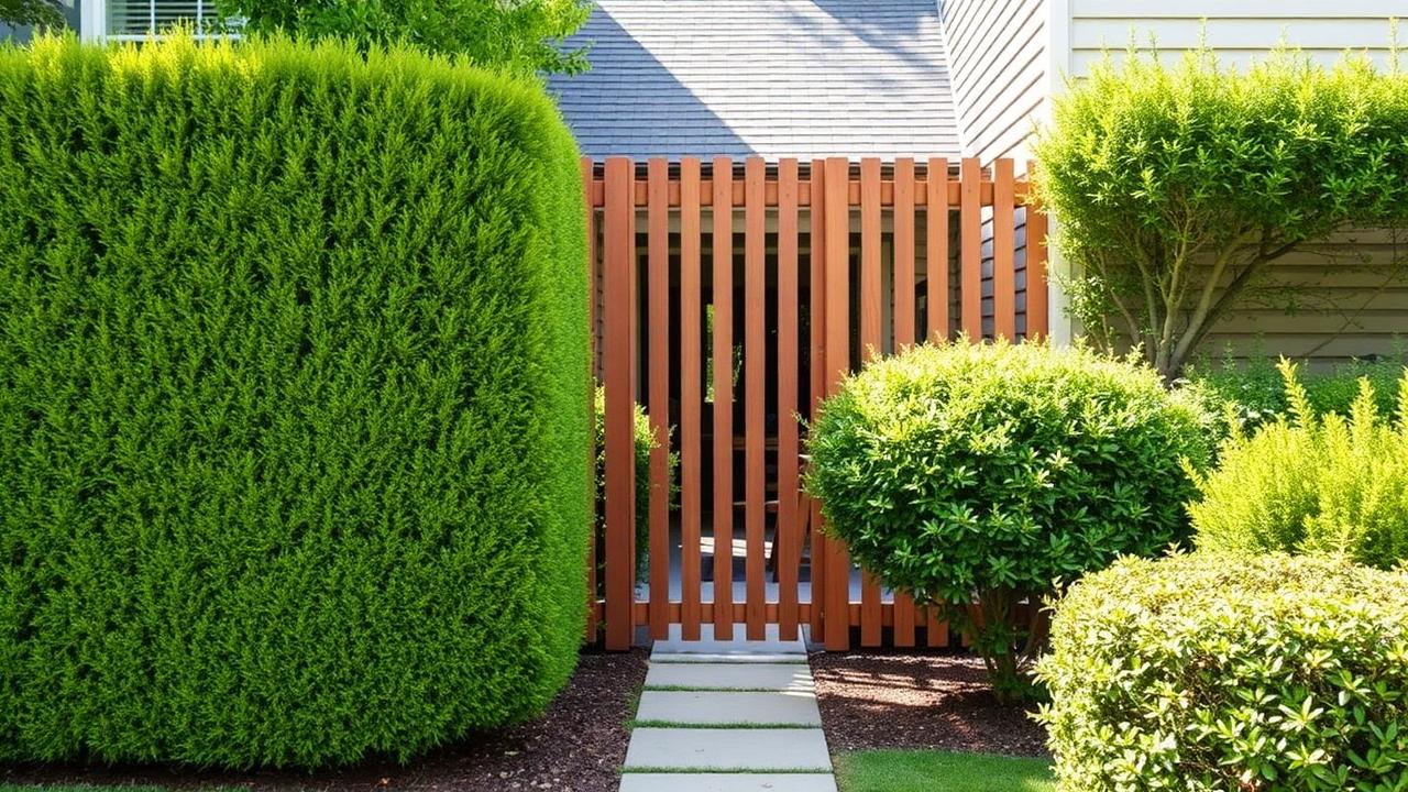 Clipped hedge and slatted timber screen giving front yard privacy from street. Images Created by www.future-home.shop