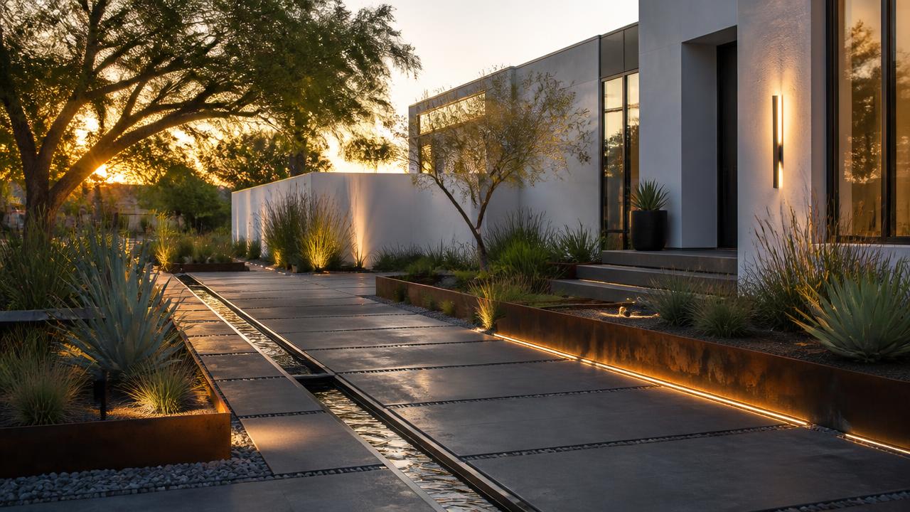 Modern front yard with geometric pavers, water rill, corten planters, LED lighting. Images Created by www.future-home.shop