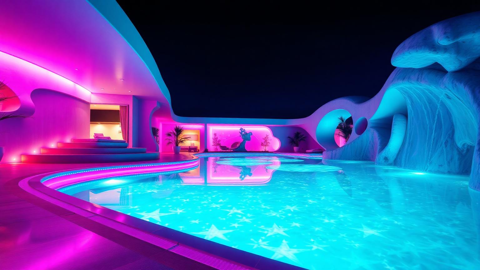 Glowing Swimming Pools and Luminous Water Features modern home and garden landscaping. Images Created by www.future-home.shop
