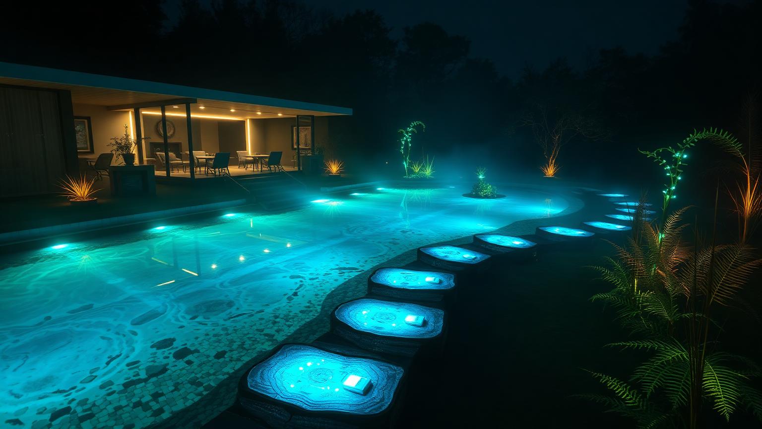 Natural lagoons with a bioluminescent character modern home and garden landscaping design. Images Created by www.future-home.shop