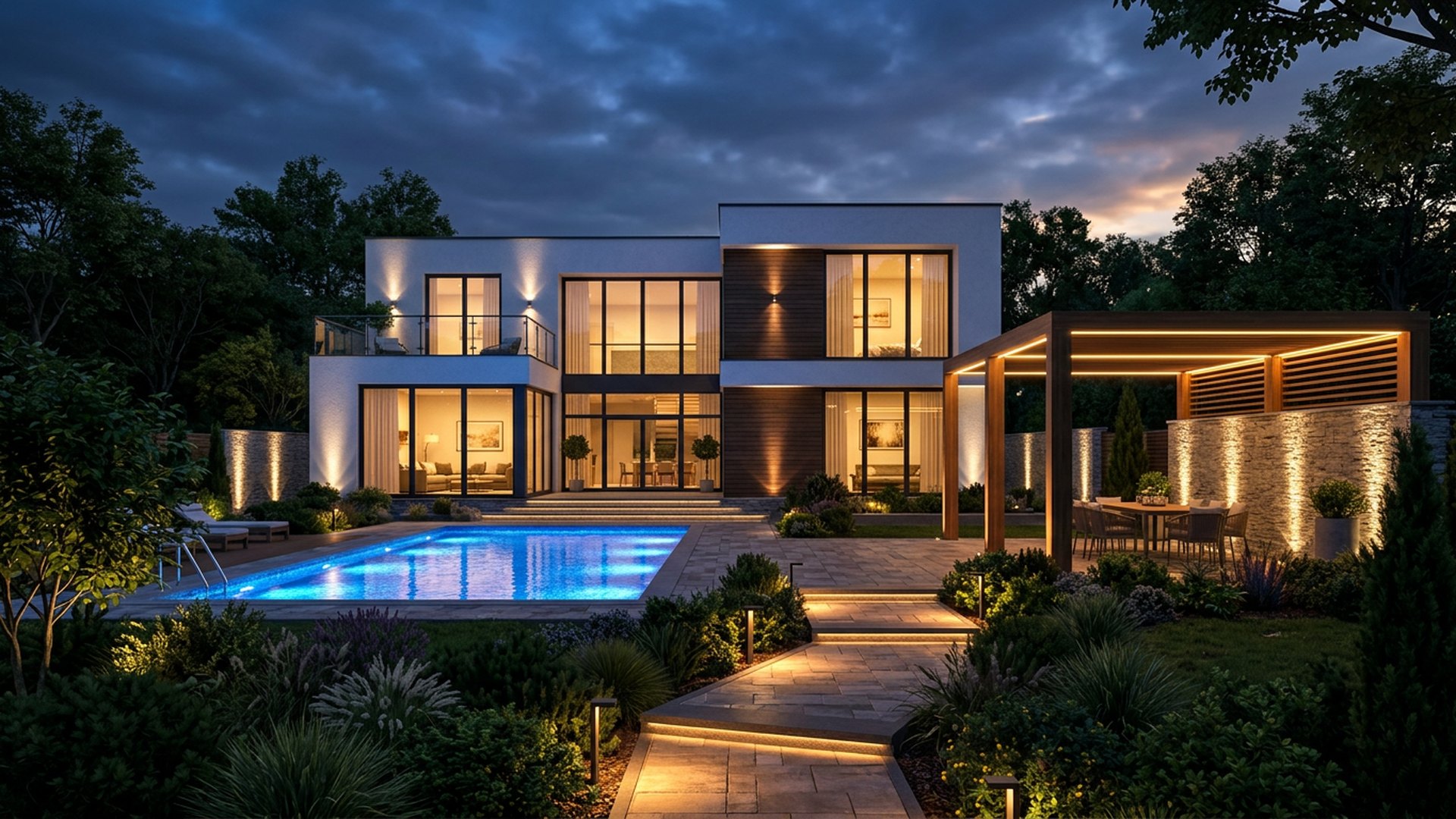Full Night Backyard backyard landscaping concept Forward Looking A dusk-first design: lit pool, glowing pergola, grazed walls and warm path. Images Created by www.future-home.shop