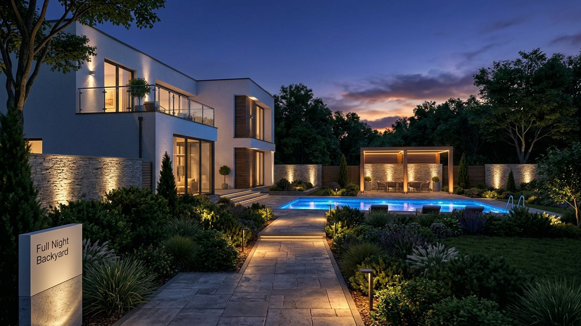 Full Future Home Lighting design concept visualisation photo modern home and garden. Images Created by www.future-home.shop