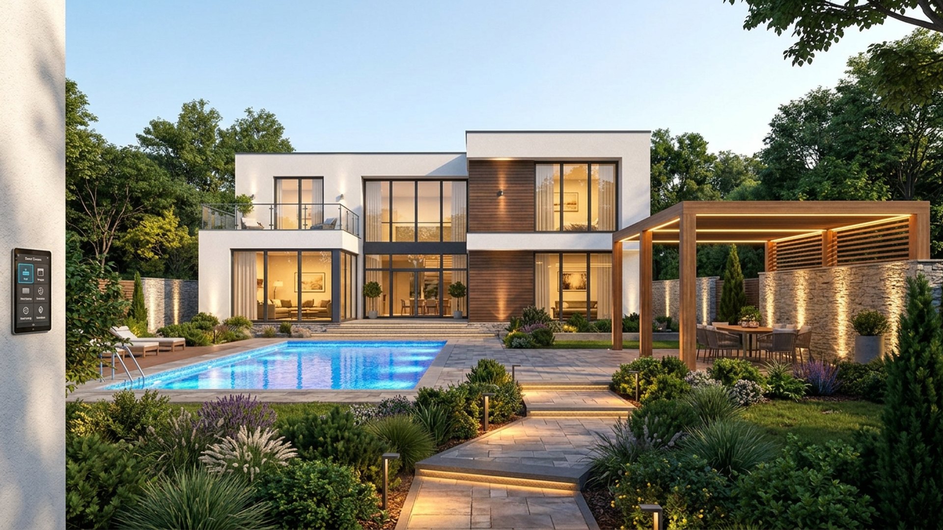 Full Future Home Lighting design concept visualisation photo modern home and garden. Images Created by www.future-home.shop