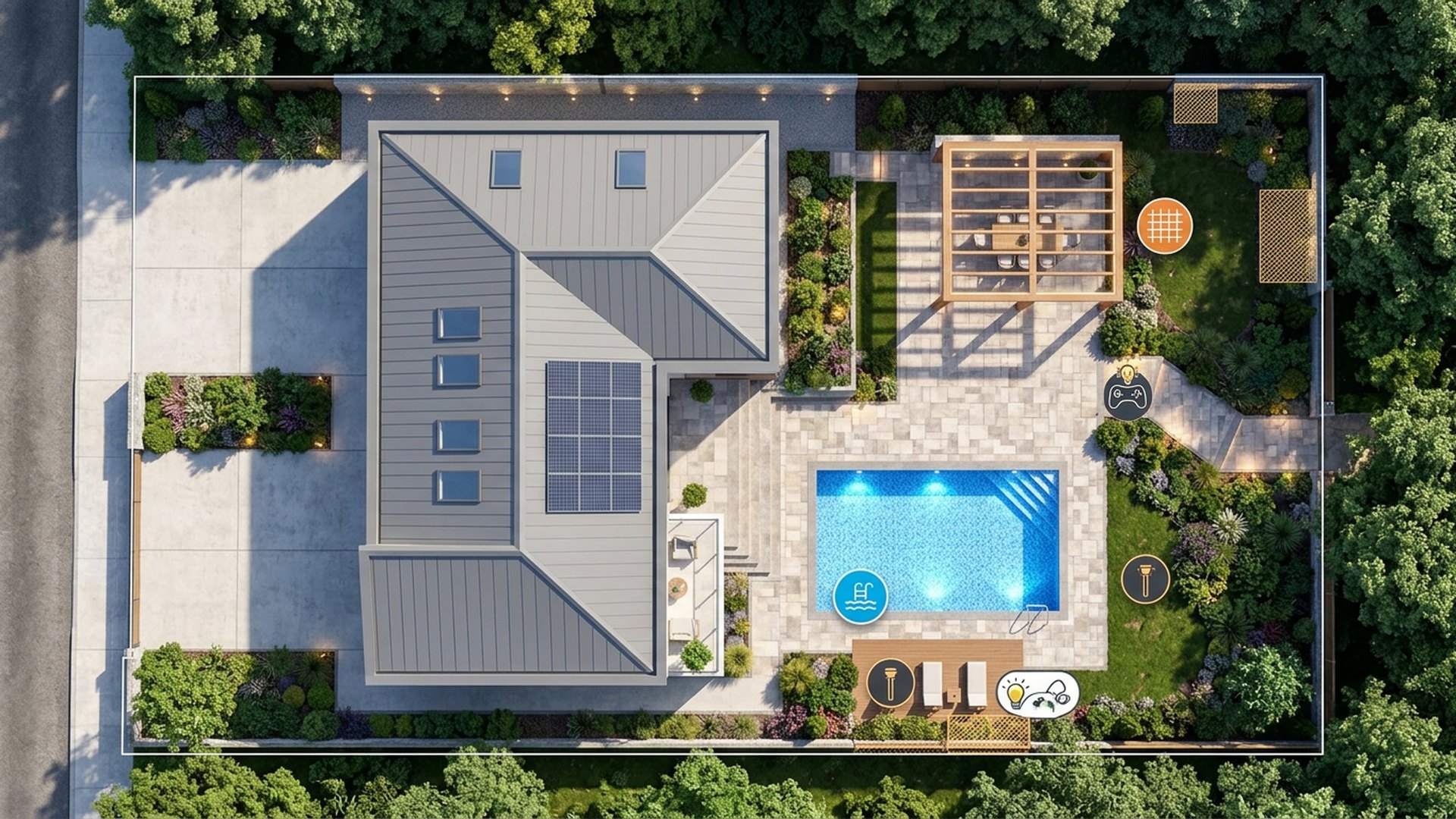 Full Future Home Lighting design concept visualisation photo modern home and garden. Images Created by www.future-home.shop