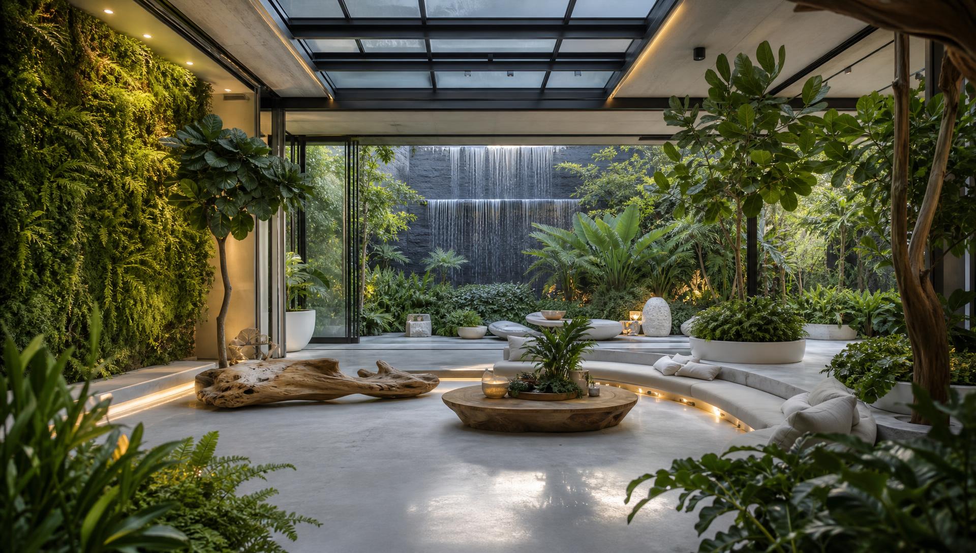 Biophilic indoor-outdoor garden room with moss walls waterfall smart glass roof and tropical plants. Images Created by www.future-home.shop