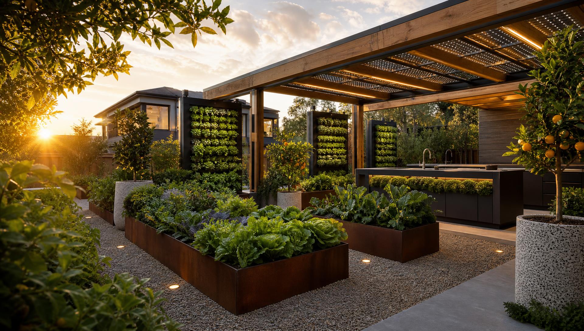 Sustainable edible garden with vertical herb walls solar pergola raised beds and citrus trees. Images Created by www.future-home.shop