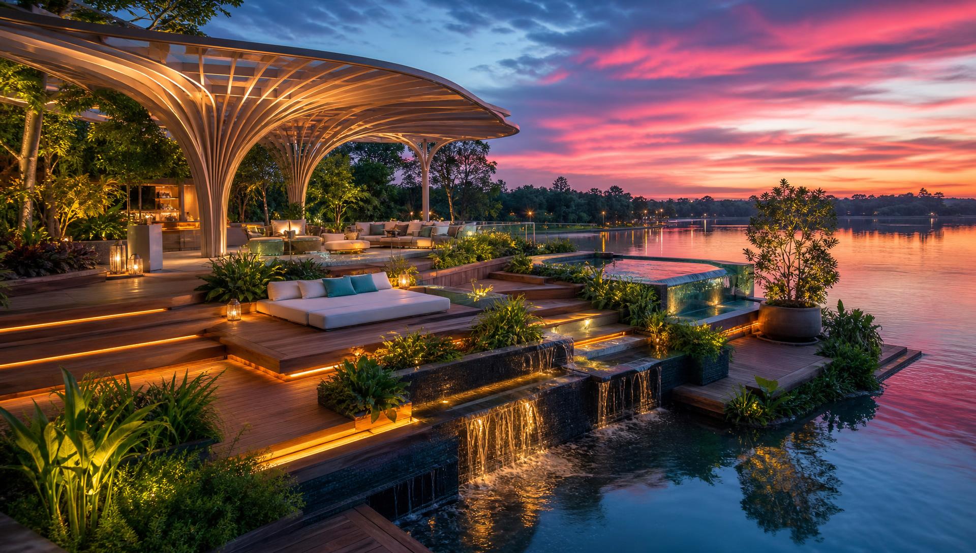 Futuristic floating garden terrace over water with sculptural pergola waterfalls and sunset lighting. Images Created by www.future-home.shop
