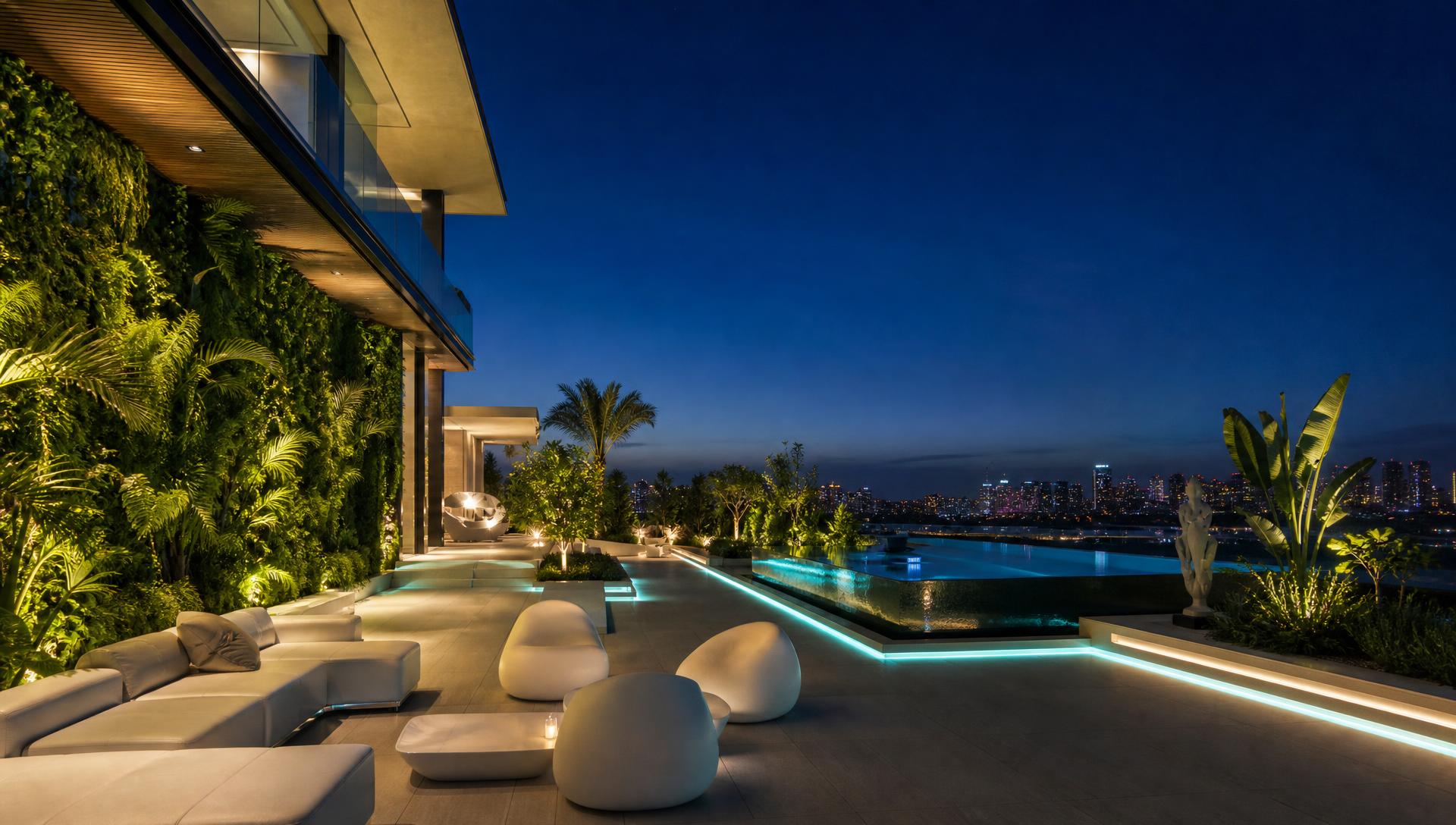 Futuristic rooftop garden with vertical green walls LED-lit infinity pool and sculptural white furniture. Images Created by www.future-home.shop
