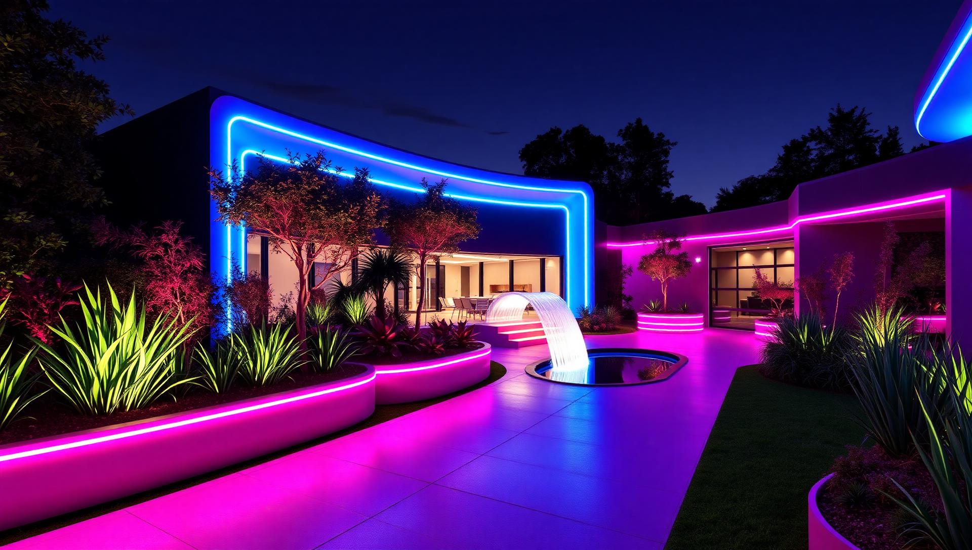 Modern Futuristic Garden Concepts Lighting, Form and Technology feature article LED lit planter walls, glowing geometric pathways, hydroponic living green. Images Created by www.future-home.shop