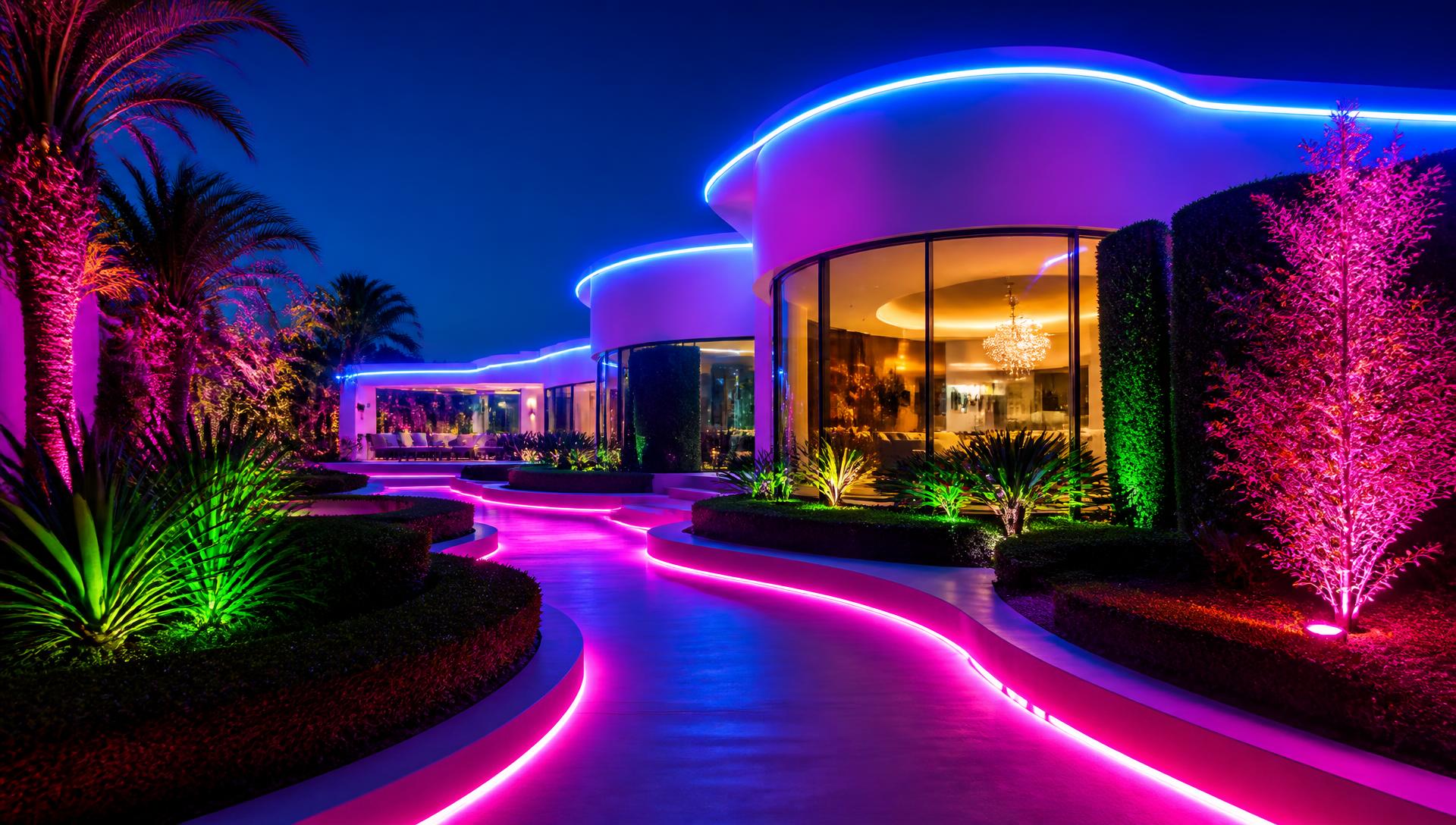 A futuristic garden corridor with glowing linear LED planter walls, geometric hedges and black basalt paving at night. Images Created by www.future-home.shop
