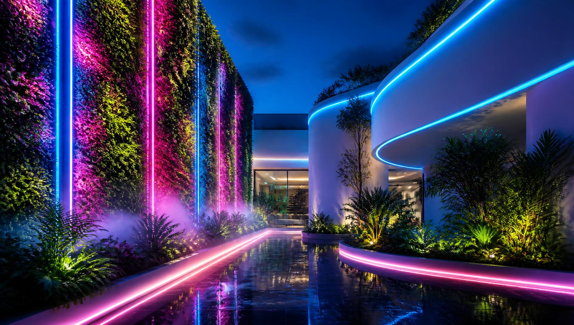 A living green wall with integrated grow lighting and hydroponic planting in a misted modern courtyard. Images Created by www.future-home.shop