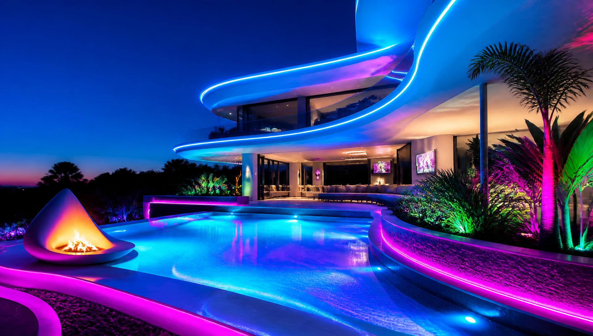 An infinity pool glowing turquoise from underwater LEDs, with cantilevered concrete forms and a sculptural fire feature. Images Created by www.future-home.shop