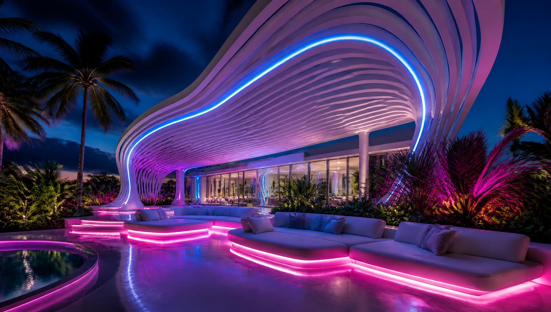 A white parametric slat canopy with integrated LED lighting arching over modern outdoor lounge seating at twilight. Images Created by www.future-home.shop