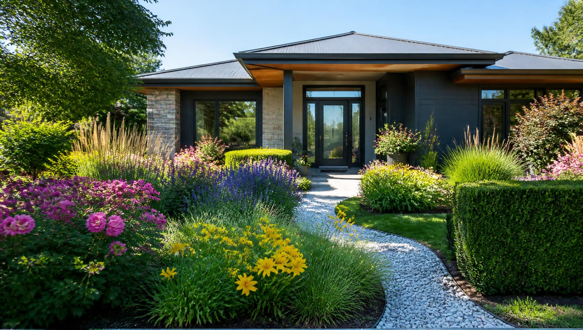 Painter's Palette Garden front yard design Forward Looking A contemporary single-storey home set in a front-to-back flower garden. Pink roses. Images Created by www.future-home.shop