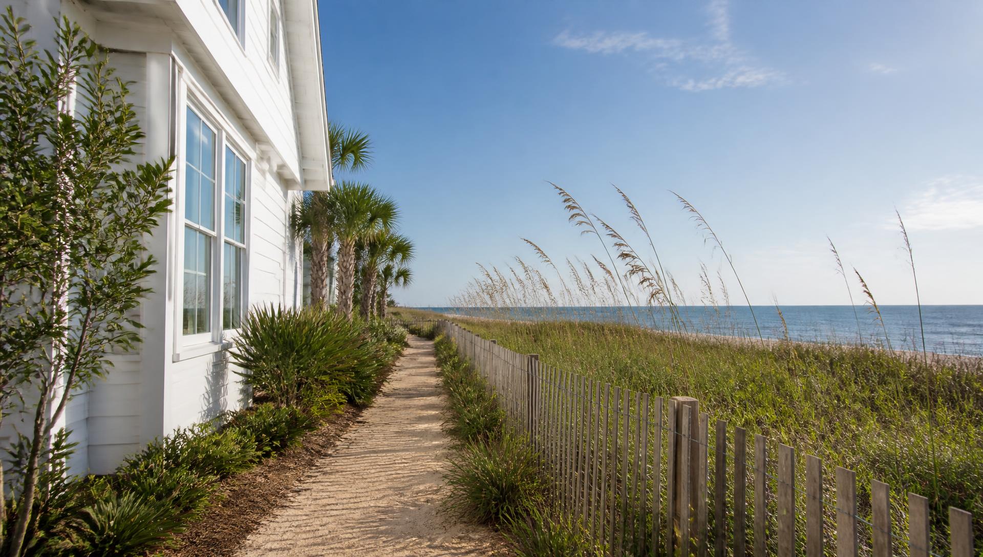 Coastal Dune Garden front yard design Left Side Property View A bright white beach house with timber decks and a. Images Created by www.future-home.shop