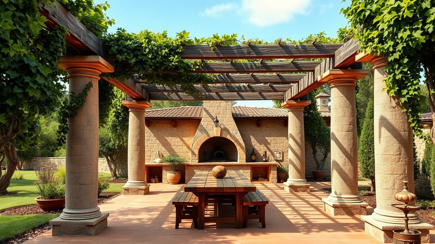 Mediterranean Stone Column Pergola backyard design Forward Looking Rendered stone columns and heavy stained beams frame a wood fired pizza. Images Created by www.future-home.shop