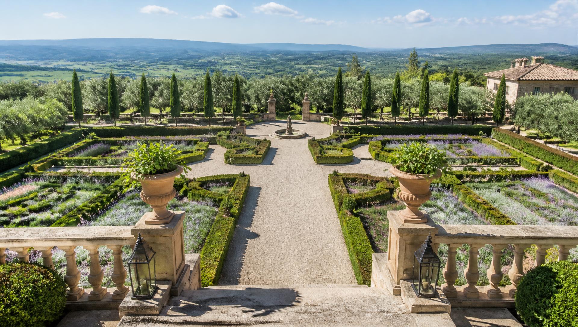 Tuscany Estate Gardens front yard design Rear Backyard Look A stone European chateau with terracotta roof tiles and formal parterre. Images Created by www.future-home.shop