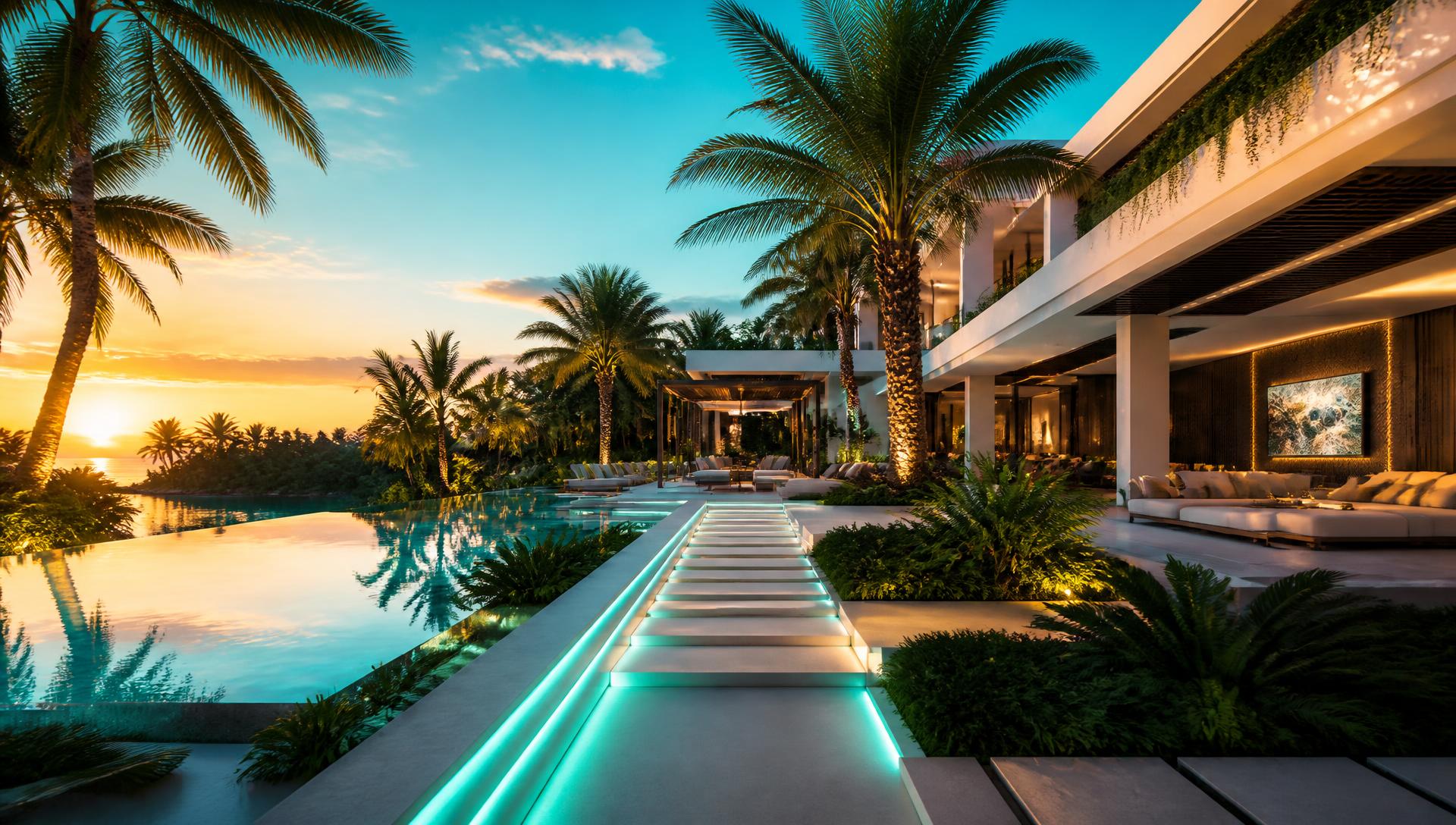 Future Gardens backyard landscaping concept Forward Looking A tropical backyard designed for tomorrow: clean architecture, LED-lit paths, an infinity pool. Images Created by www.future-home.shop