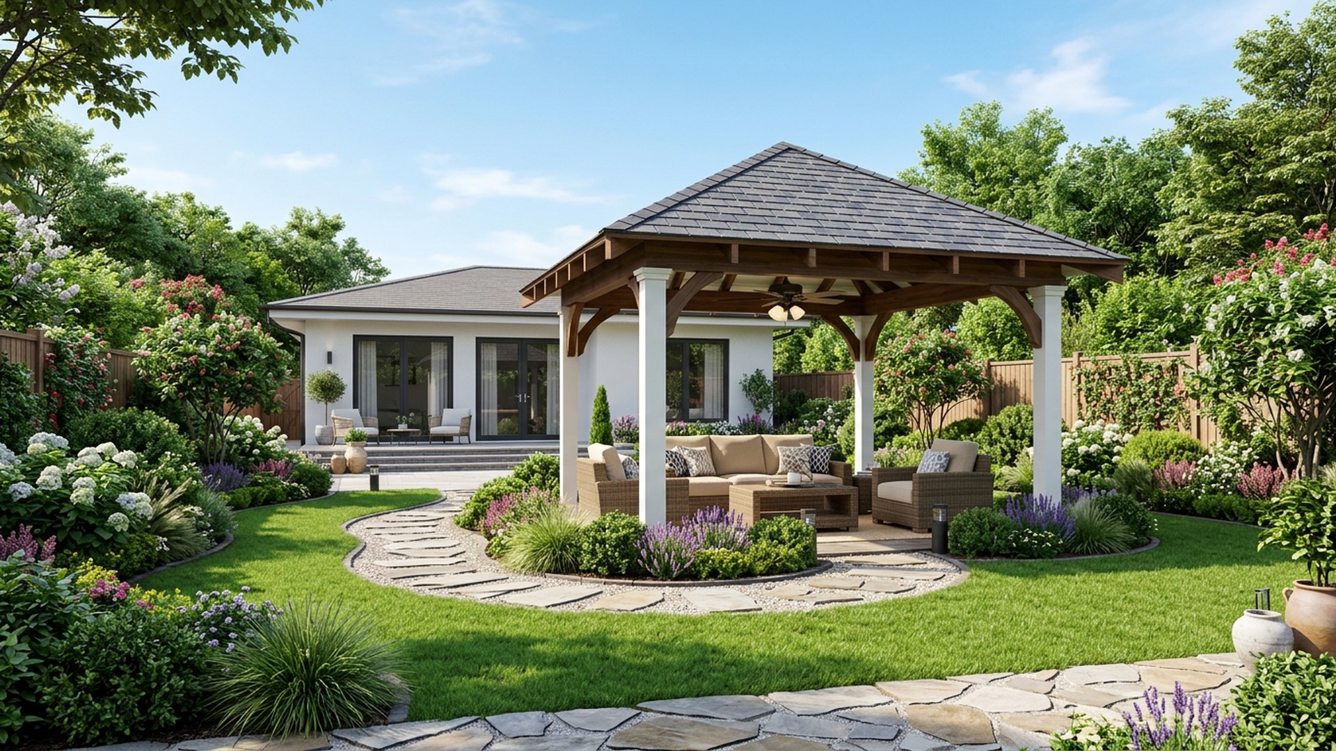 Gazebo Garden Feature the Essence backyard landscaping concept Forward Looking White Washed Classic Federation House with Featured Shingled Tile Gazebo. Images Created by www.future-home.shop