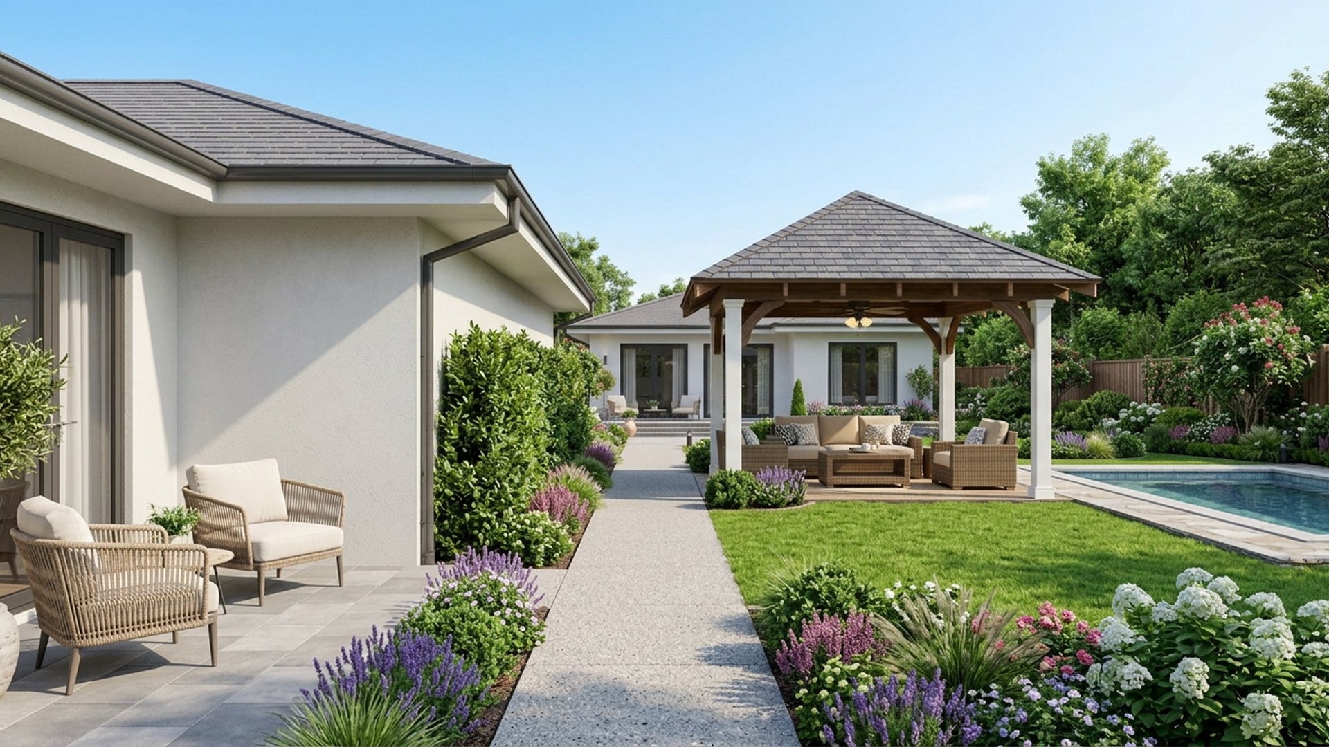 Gazebo Garden Designs design concept visualisation photo modern home and garden landscaping. Images Created by www.future-home.shop