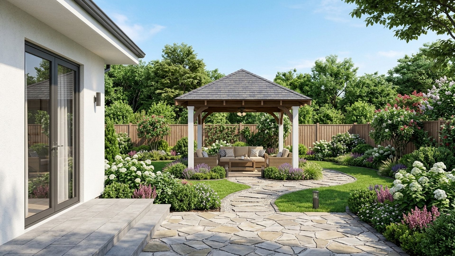 Gazebo Garden Designs design concept visualisation photo modern home and garden landscaping. Images Created by www.future-home.shop