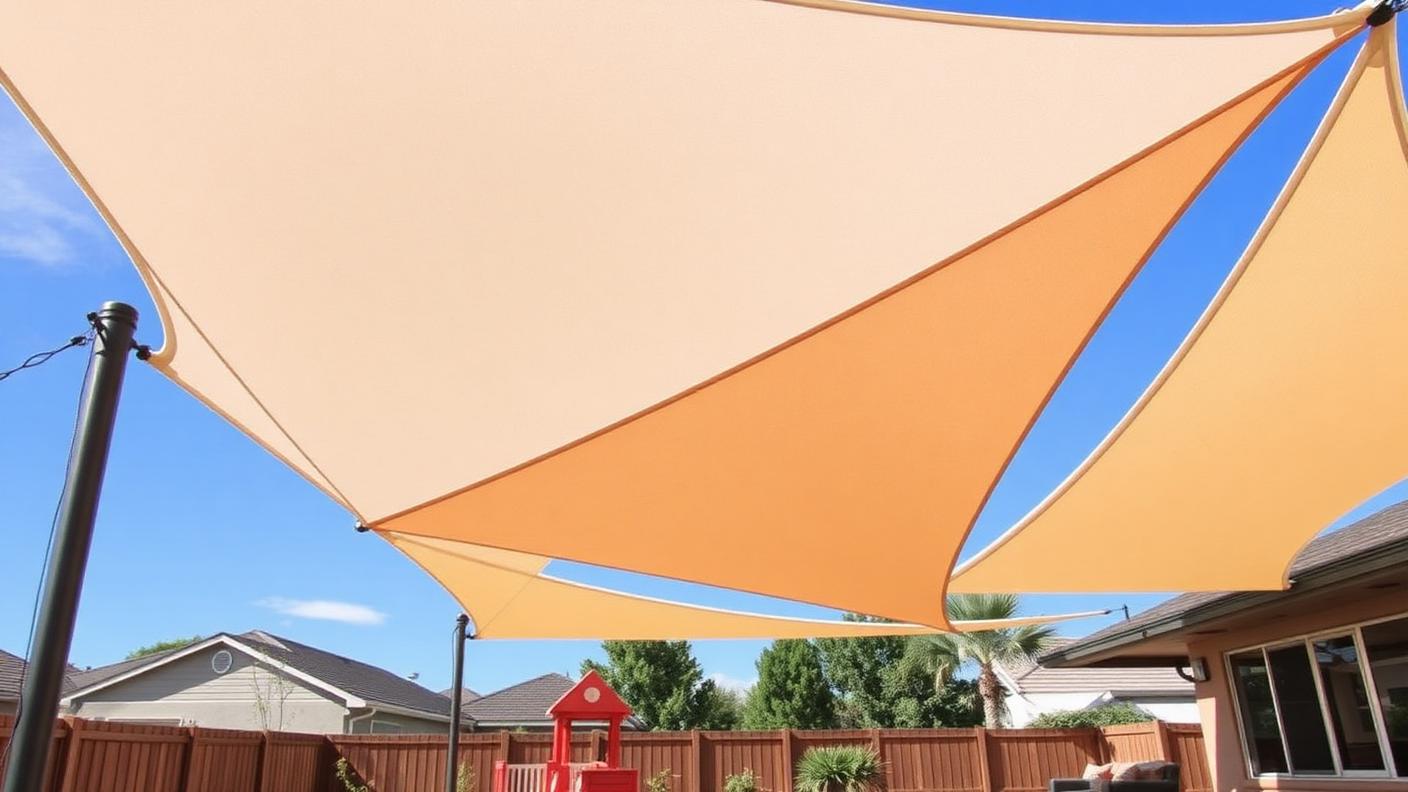 Tensioned Shade Sail Structure pergola shade structure Fabric & adjustable Overlapping triangular sails on steel posts cover large areas a. Images Created by www.future-home.shop
