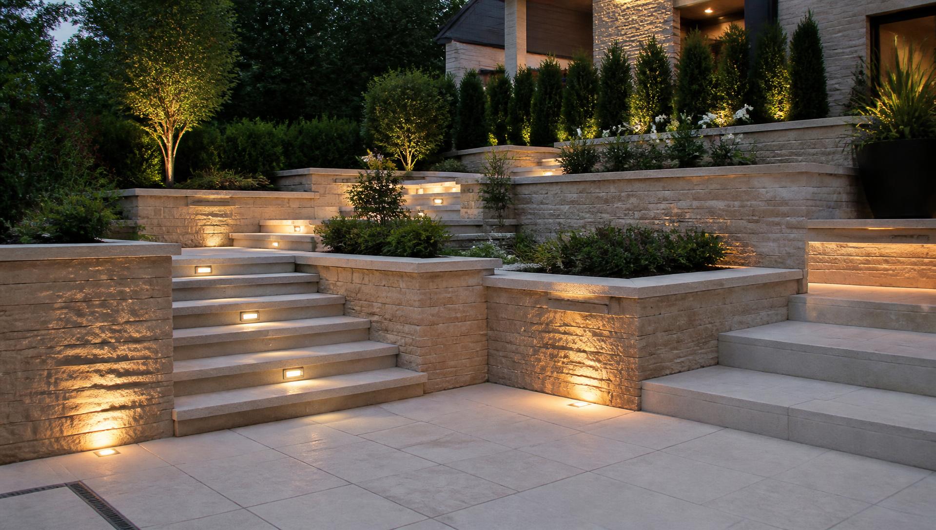 Landscape Design Levels, paving, retaining walls, steps and lighting that frame a small home beautifully. Images Created by www.future-home.shop