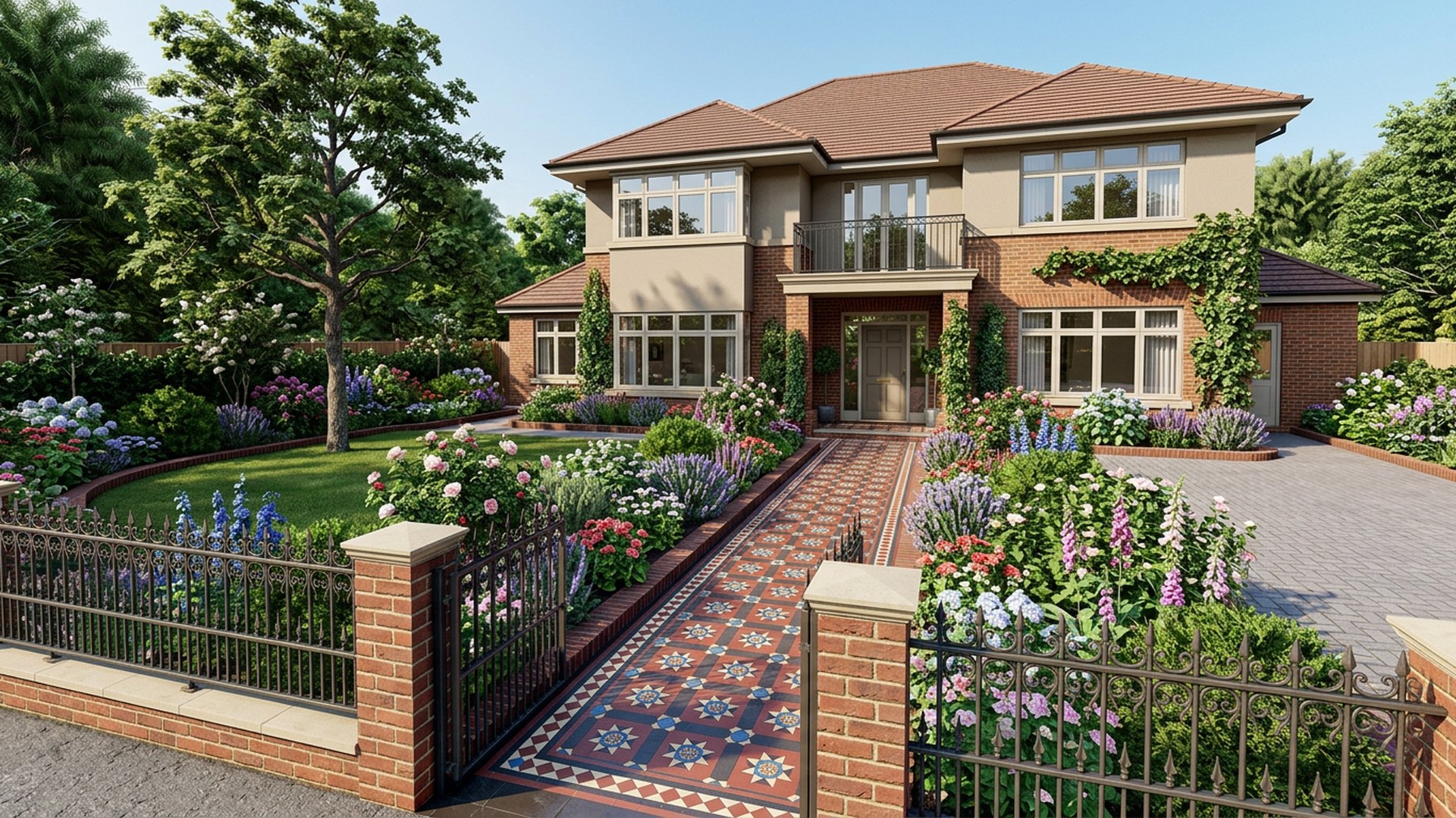 Heritage Restoration front yard landscaping concept Forward Looking Period tessellated tiles, iron fencing and traditional cottage borders. Every irrigation zone. Images Created by www.future-home.shop