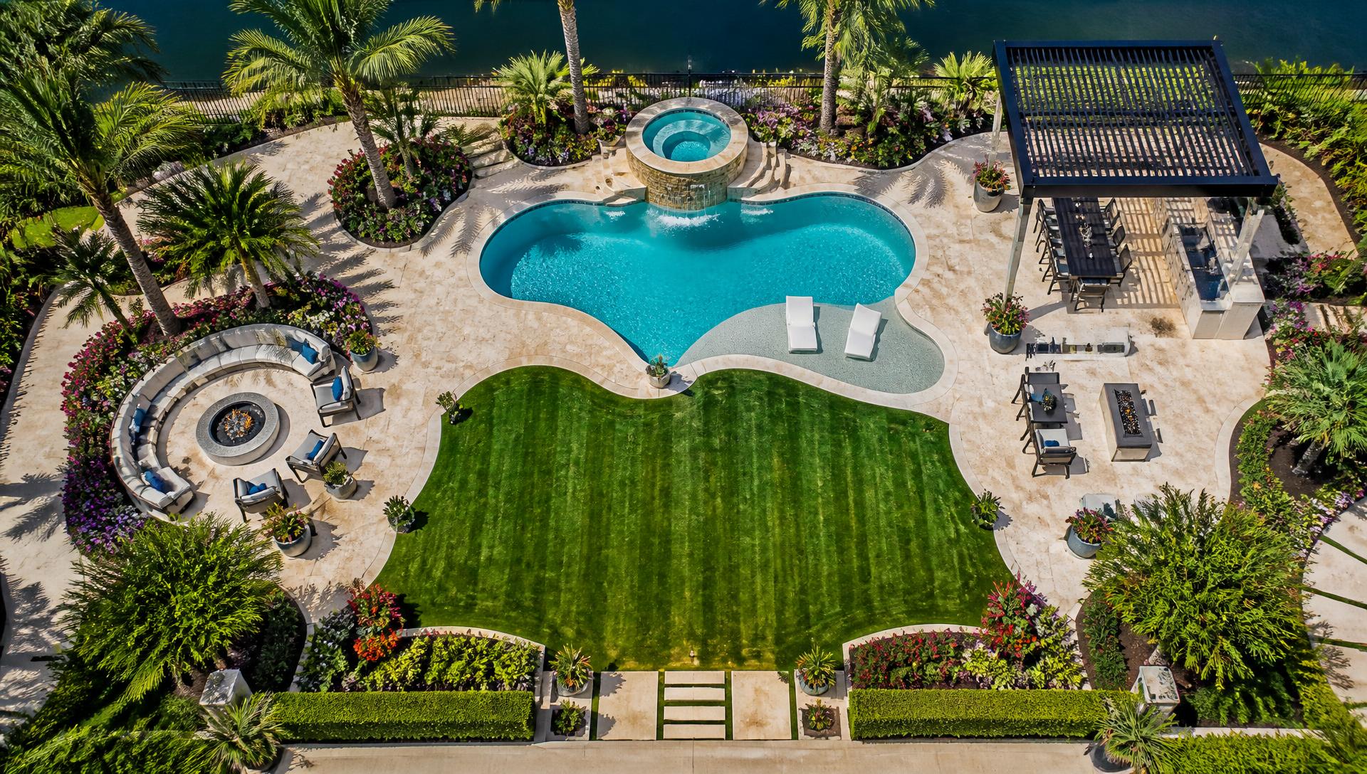 Aerial drone view of a resort style backyard with freeform pool modern. Images Created by www.future-home.shop