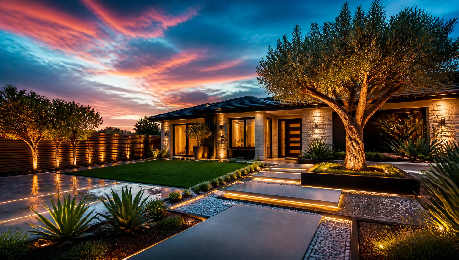 Modern illuminated front yard landscape design at dusk modern home and garden. Images Created by www.future-home.shop