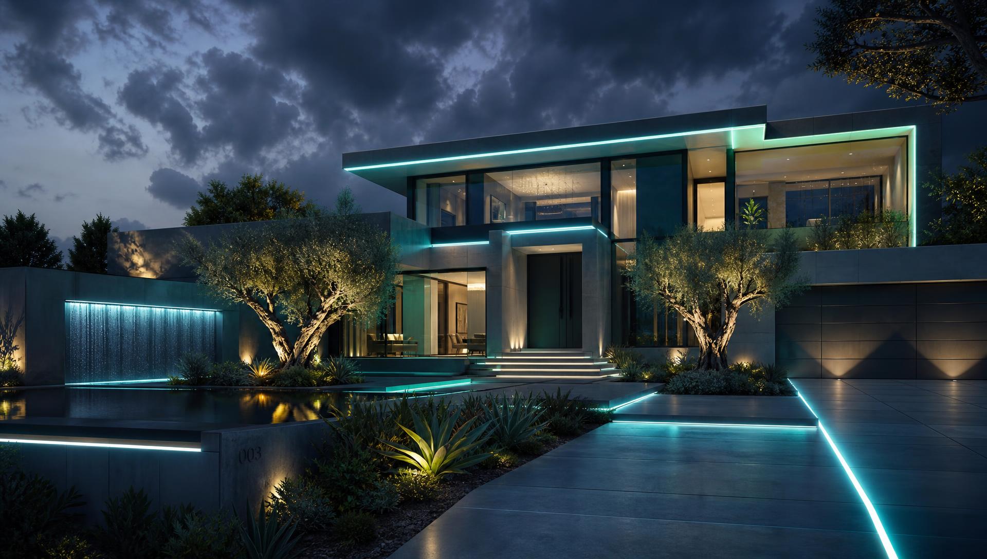 Futuristic luxury home at twilight with glowing cyan neon LED rooflines, reflective pool and sculptural modern landscaping. Images Created by www.future-home.shop