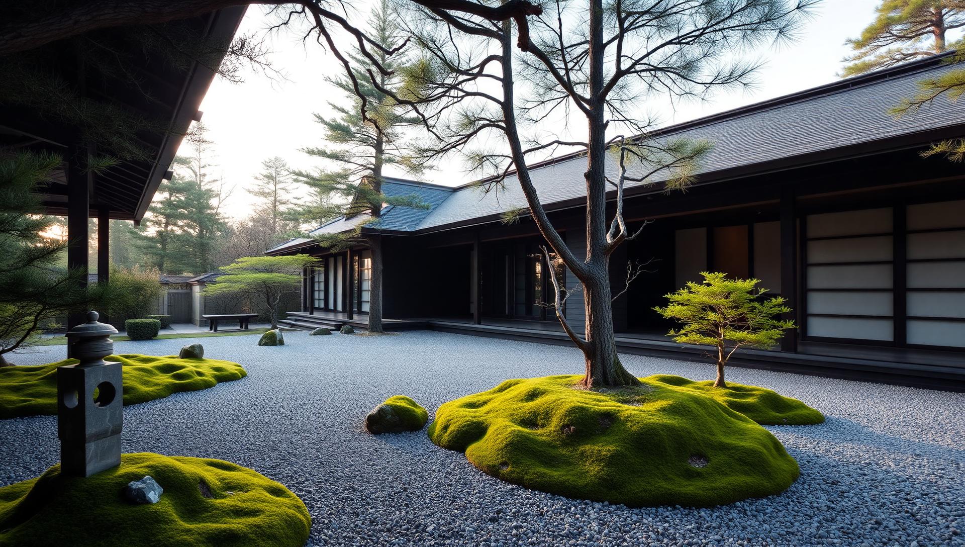 Japanese Garden Ideas and Concepts for Modern Japanese Style Homes feature article Raked gravel courtyards, moss and sculpted trees, koi. Images Created by www.future-home.shop