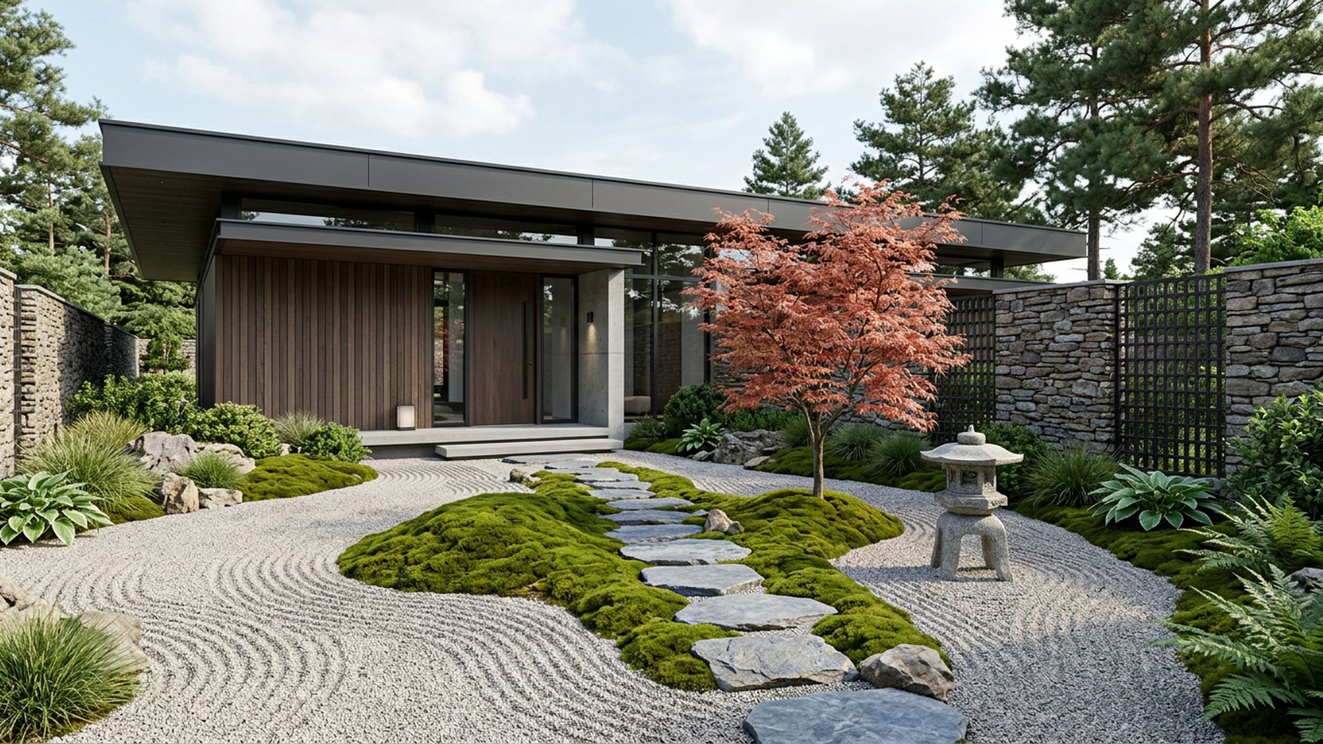 Japanese Entry Garden front yard landscaping concept Forward Looking Raked gravel, a maple, moss mounds and a stepping stone approach. Images Created by www.future-home.shop