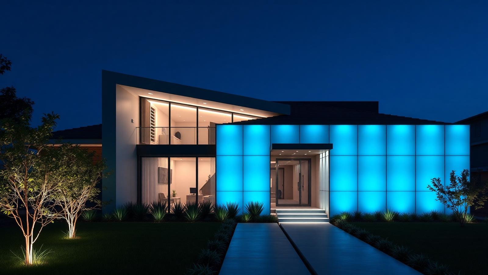 Futuristic responsive home facade at night with translucent panels glowing soft cyan gradients above lit planting. Images Created by www.Future-Home.Shop