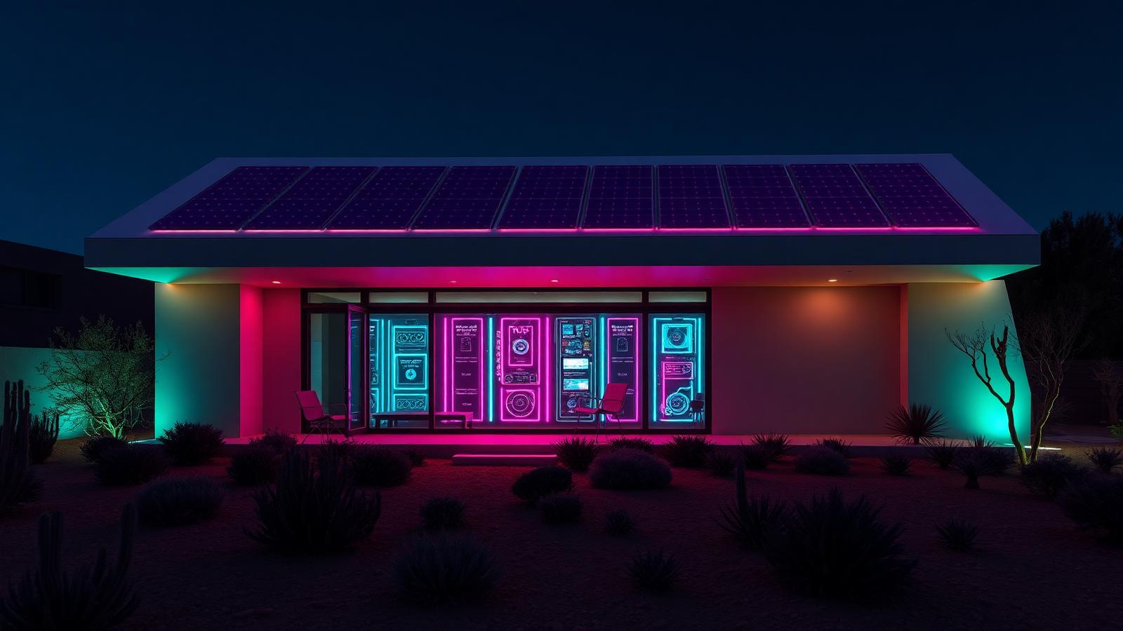 Futuristic off-grid energy home at night with solar canopy roof and glowing battery wall behind glass. Images Created by www.Future-Home.Shop