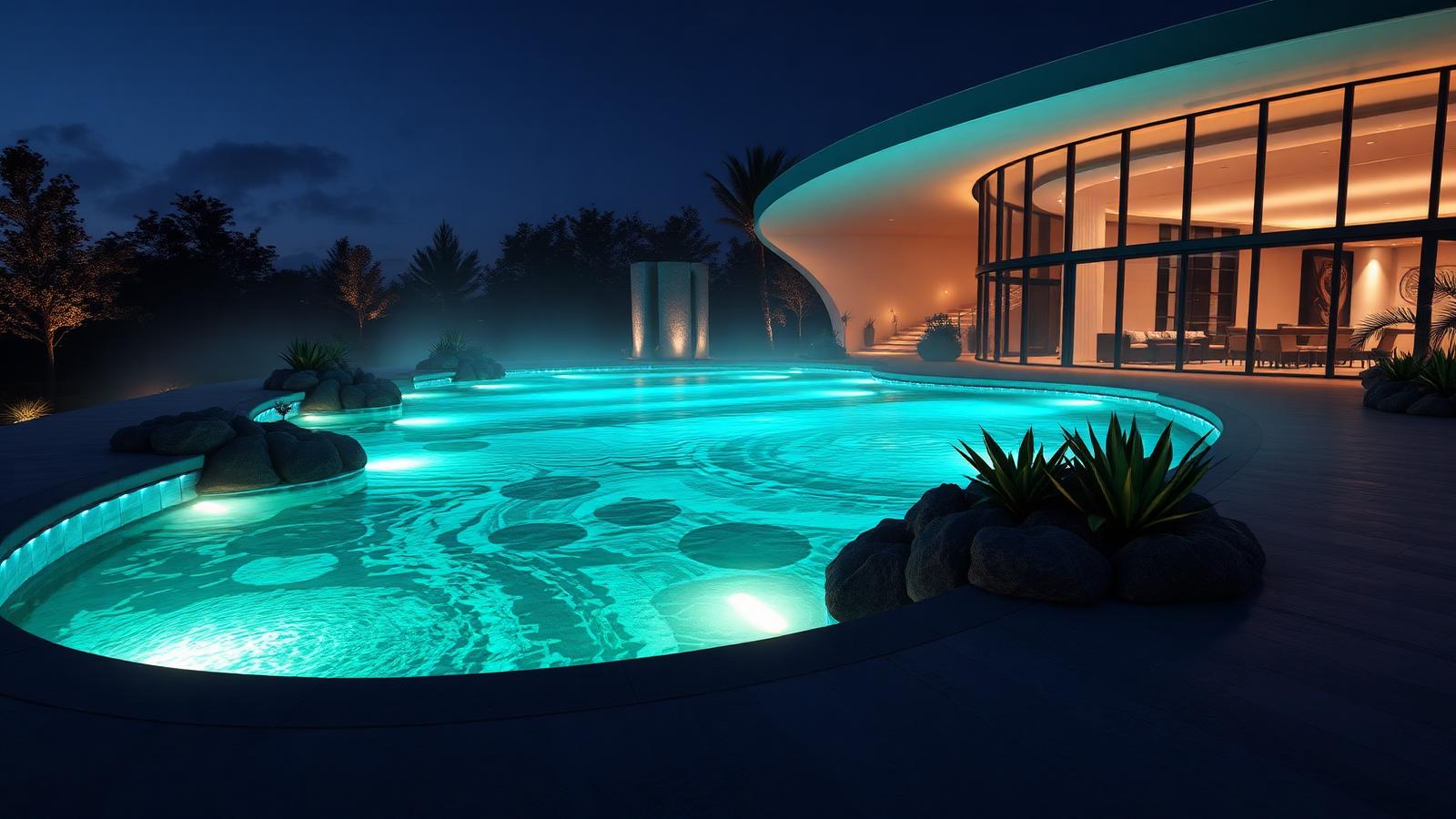 Glowing futuristic swimming pool at night beside a curved glass home with luminous aquatic planting and mist. Images Created by www.Future-Home.Shop