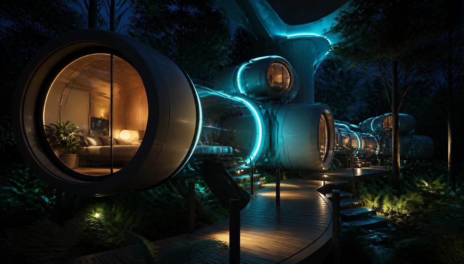 Futuristic modular micro home pod cluster at night docked to a glowing spine with cyan LED reveals in forest. Images Created by www.Future-Home.Shop