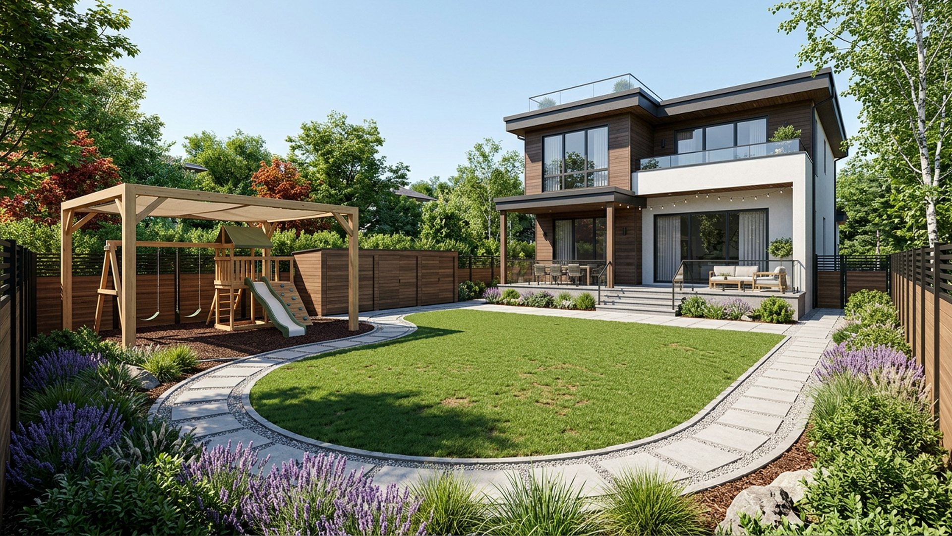 Home Designed for Growing Family & Kids backyard landscaping concept Forward Looking The Complete Family Home Design with Shaded Play-Zone. Images Created by www.future-home.shop