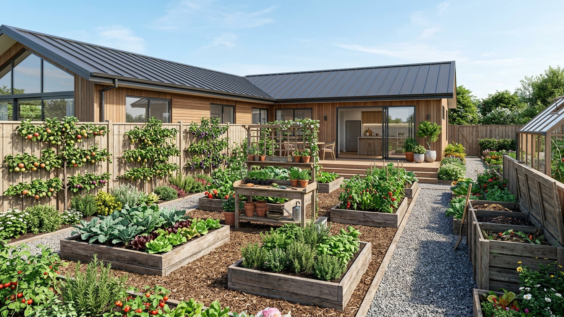Kitchen Garden Backyard backyard landscaping concept Forward Looking Raised vegetable beds, espaliered fruit, a compost bay and a potting bench. Images Created by www.future-home.shop