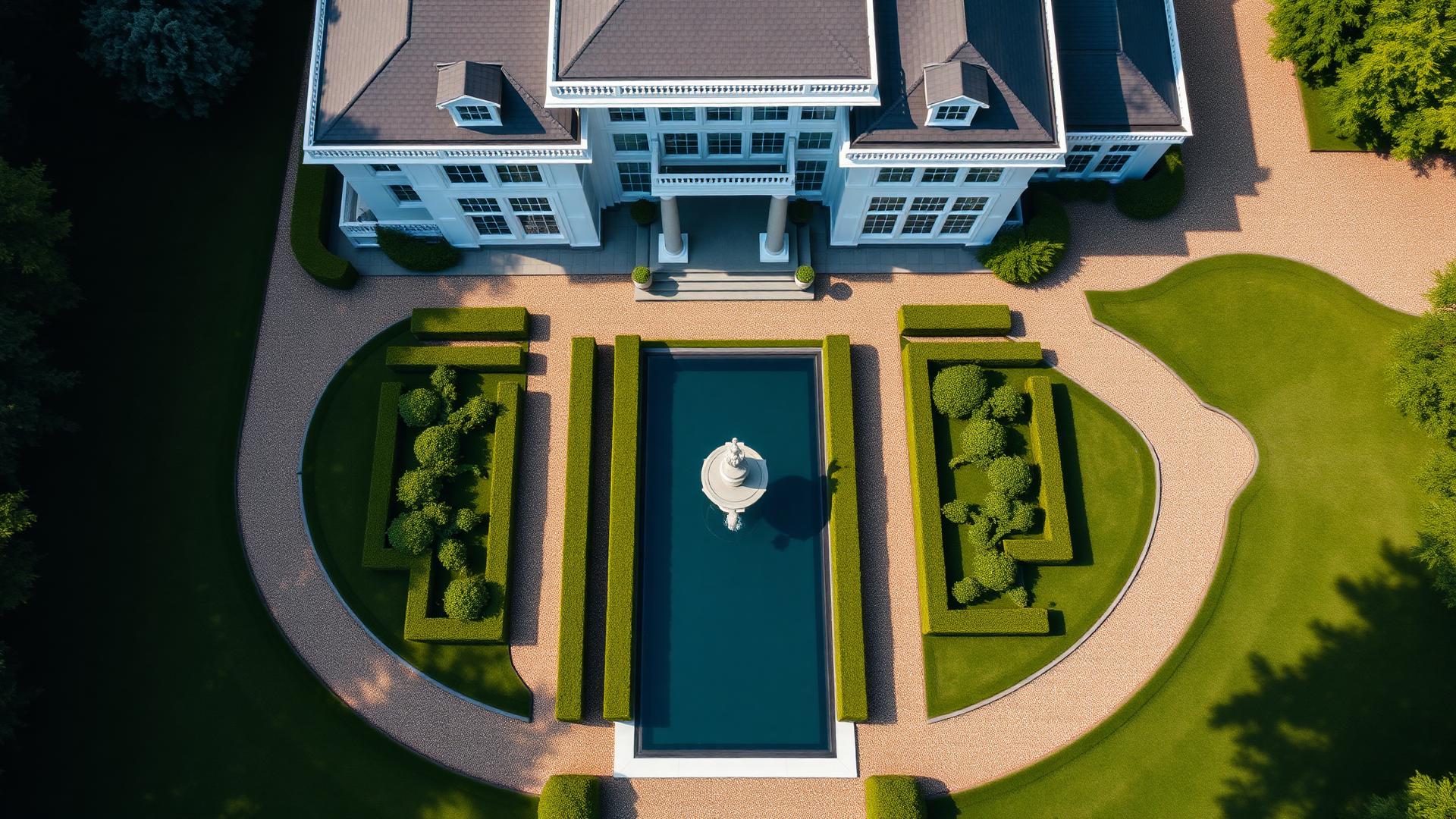 Modern Formal Estate backyard design Top / Drone View A grand two-storey residence arranged around a classical central axis symmetrical. Images Created by www.future-home.shop
