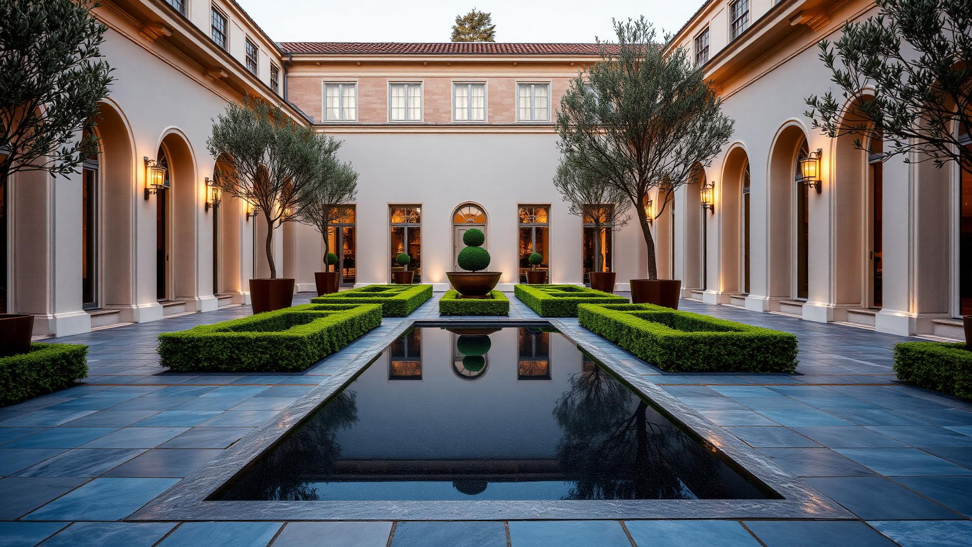 Bluestone Courtyard Formal backyard design Forward Looking A sawn bluestone paving grid holding clipped hedge parterres, a black granite reflection. Images Created by www.future-home.shop