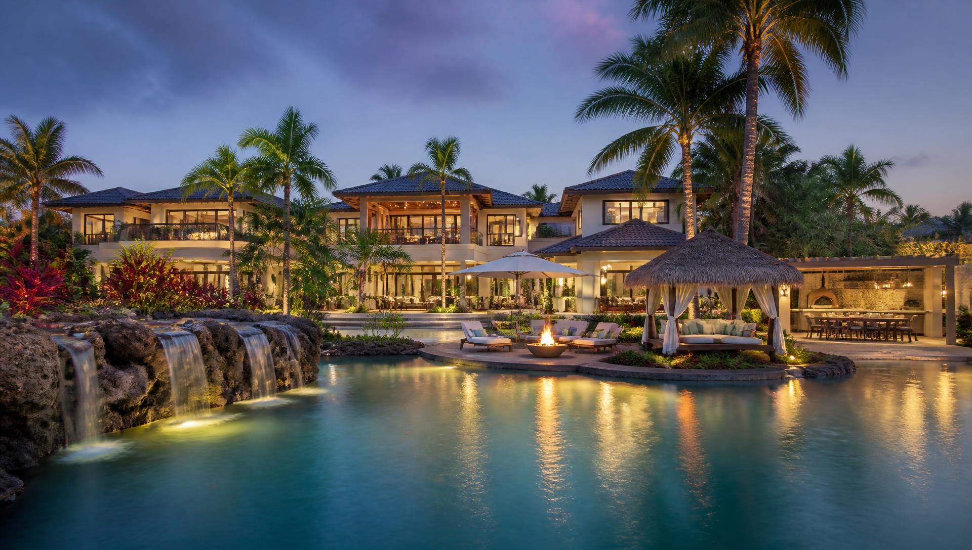 Lagoon Palm Grove Villa backyard design Rear Backyard Look A private resort garden built around a lagoon pool with rock. Images Created by www.future-home.shop